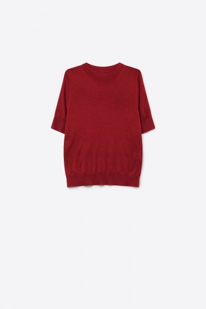 Suéter de manga corta con cuello redondo de punto fino acanalado en mezcla de lana Merino color vino