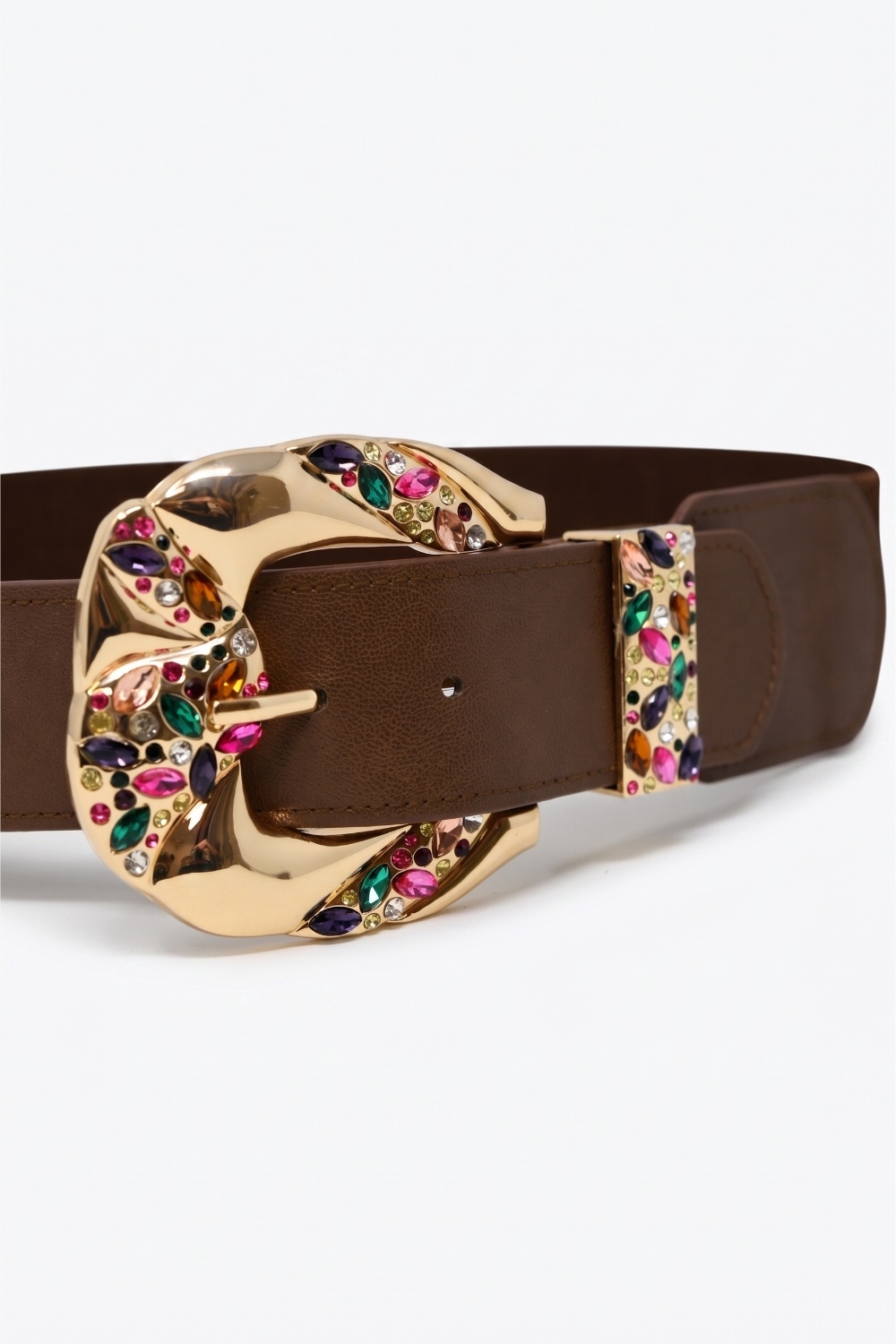 Cintur&oacute;n ancho de cintura de piel sint&eacute;tica marr&oacute;n choco con hebilla dorada floral