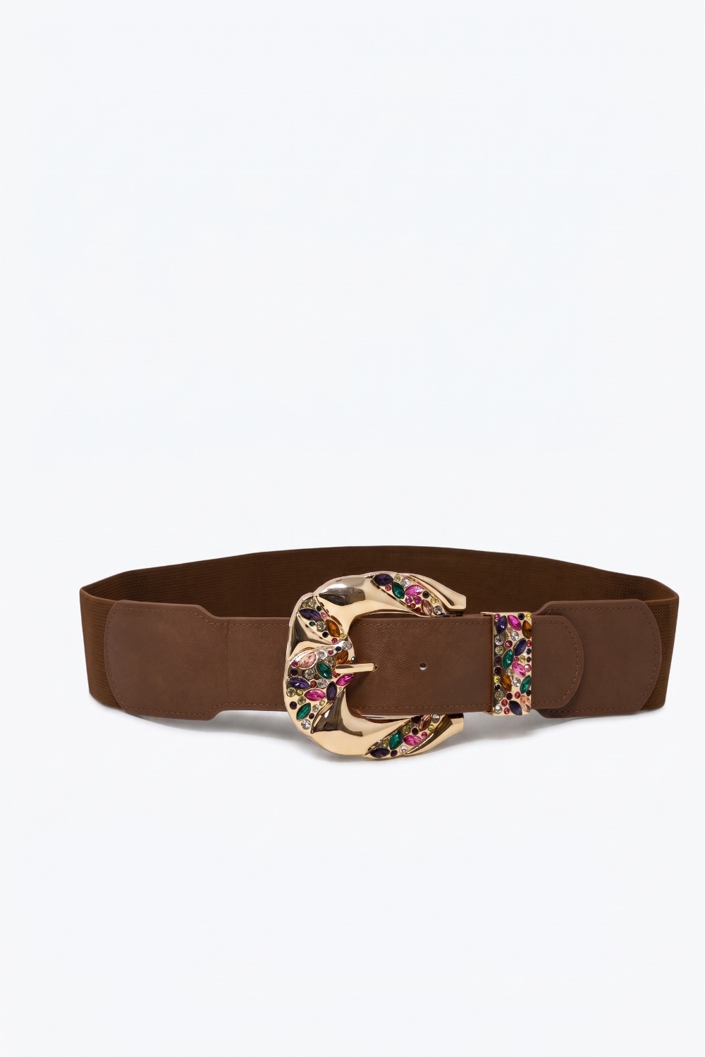 Cinturón ancho marrón de piel sintética con hebilla dorada multicolor adornada Cinturón ancho marrón de piel sintética con hebilla dorada multicolor adornada