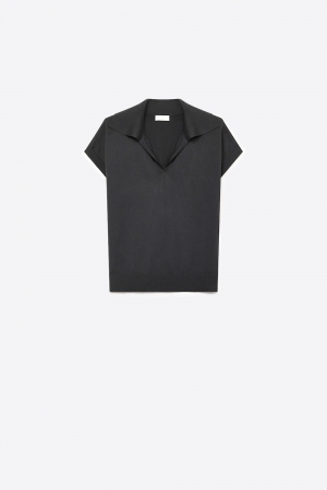 Polo Negro de Punto Fino con Cuello y Dobladillo de Canalé Ajuste Regular