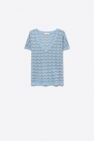 Patrón Chevron Azul Claro Tejido Fino Cuello en V Manga Corta Top