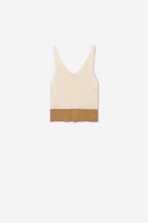Top corto de punto acanalado con bloques de color beige y escote en V