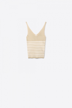 Camiseta sin mangas ajustada de punto acanalado con rayas beige y cuello en V