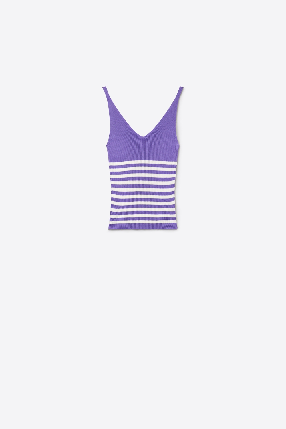 Top corto de punto acanalado con cuello en V y rayas lilas Top corto de punto acanalado con cuello en V y rayas lilas