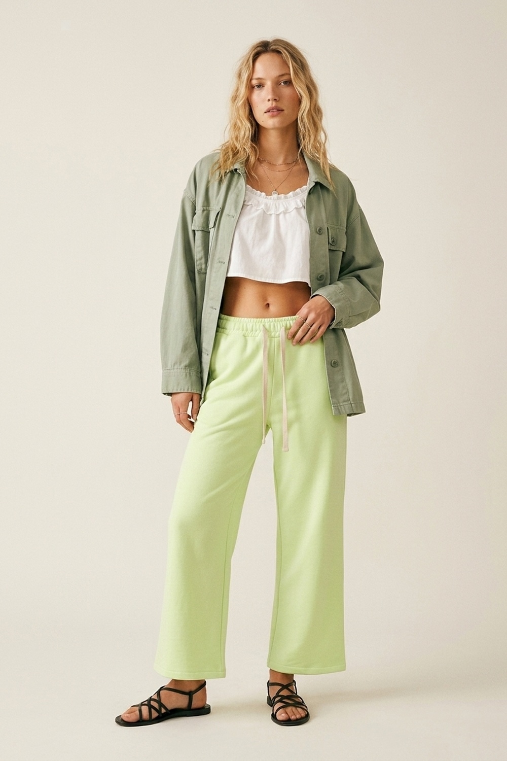 Pantalón de chándal Straiht Fit de punto verde con cintura elástica y lazo Pantalón de chándal Straiht Fit de punto verde con cintura elástica y lazo