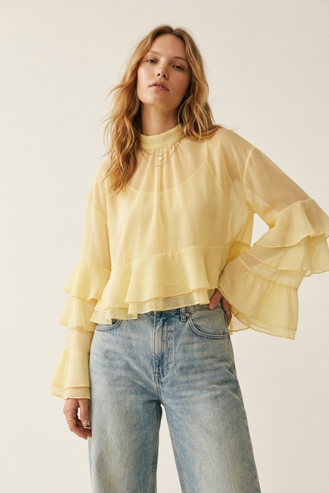 Yellow Chiffon Ruffle Tiered Flared Sleeve High Neck Blouse Top