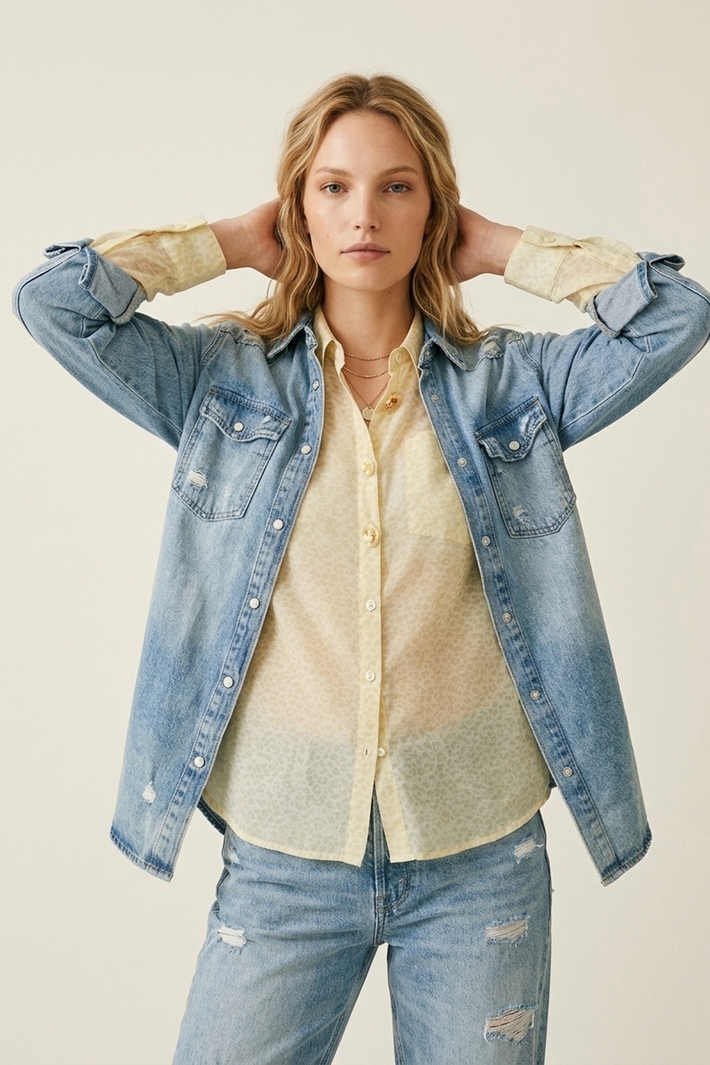 Blusa de transparencias con botones en amarillo claro y sutil estampado