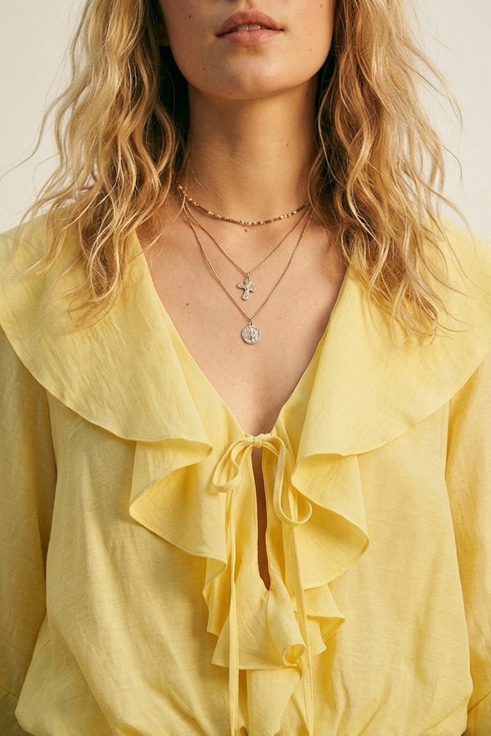 Blusa Amarilla de Manga Larga con Volantes y Lazo en el Frente Blusa Amarilla de Manga Larga con Volantes y Lazo en el Frente