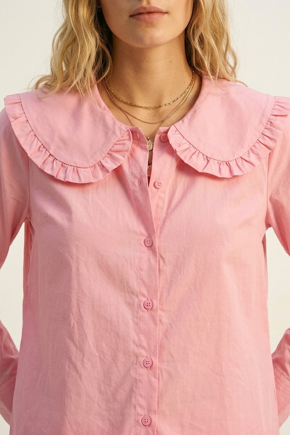 Camisa de Manga Larga con Cuello Prairie de Volantes en Popelina de Algod&oacute;n Rosa