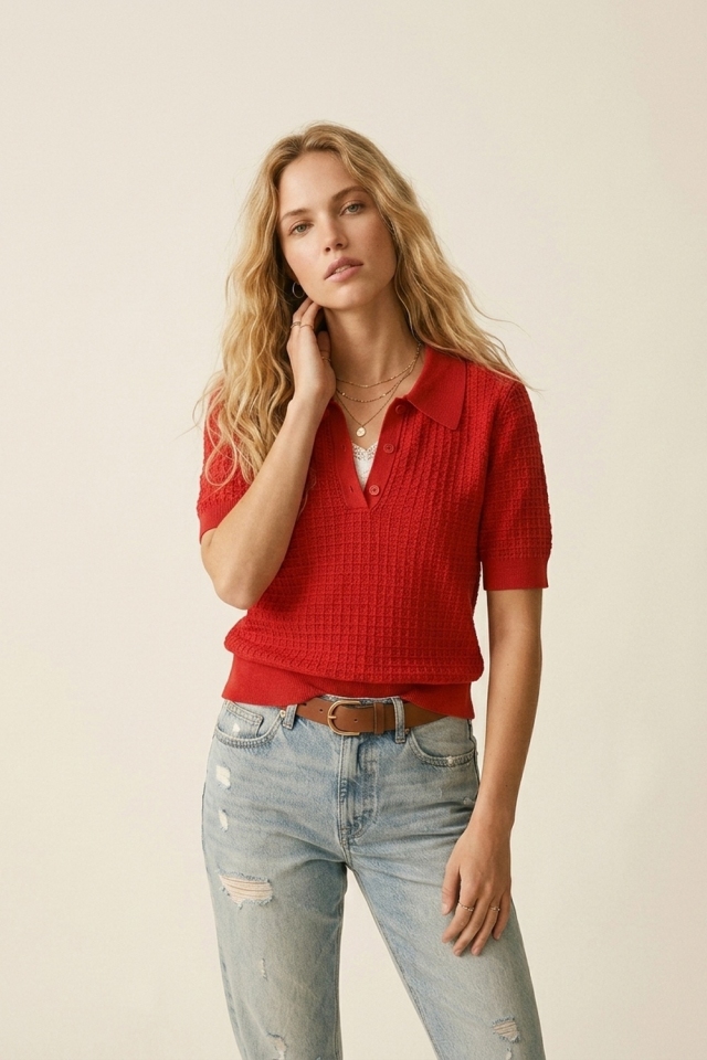 Top de su&eacute;ter de punto waffle rojo con botonadura, cuello polo y manga corta.