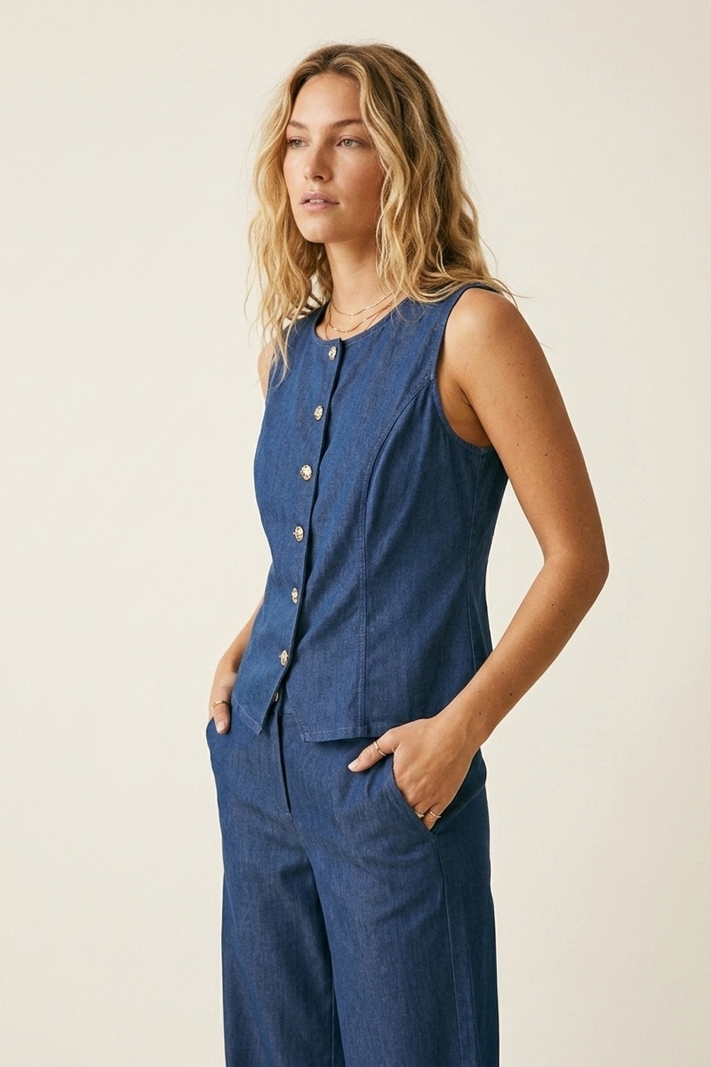 Conjunto de Chaleco sin Mangas con Botones al Frente y Pantalones de Pierna Ancha