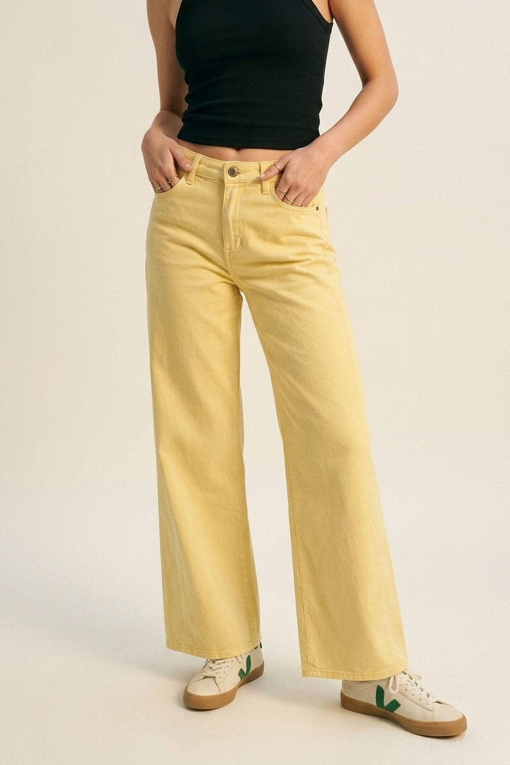 Pantalones de pierna ancha de algod&oacute;n de cintura alta y largo completo en amarillo