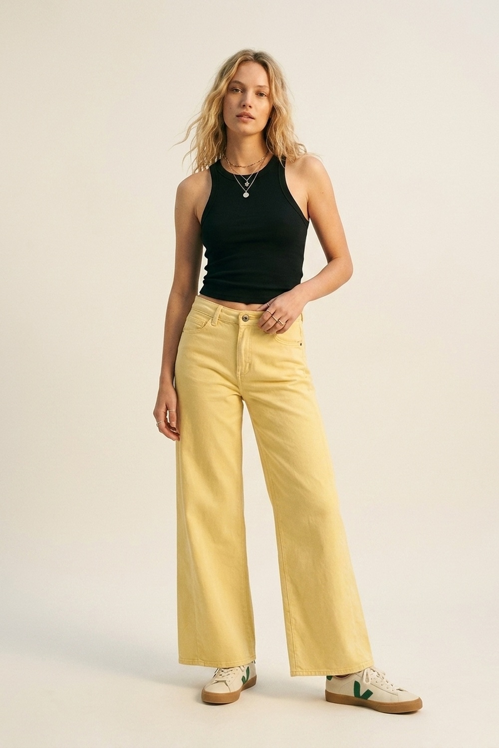 Pantalones de pierna ancha de algod&oacute;n de cintura alta y largo completo en amarillo