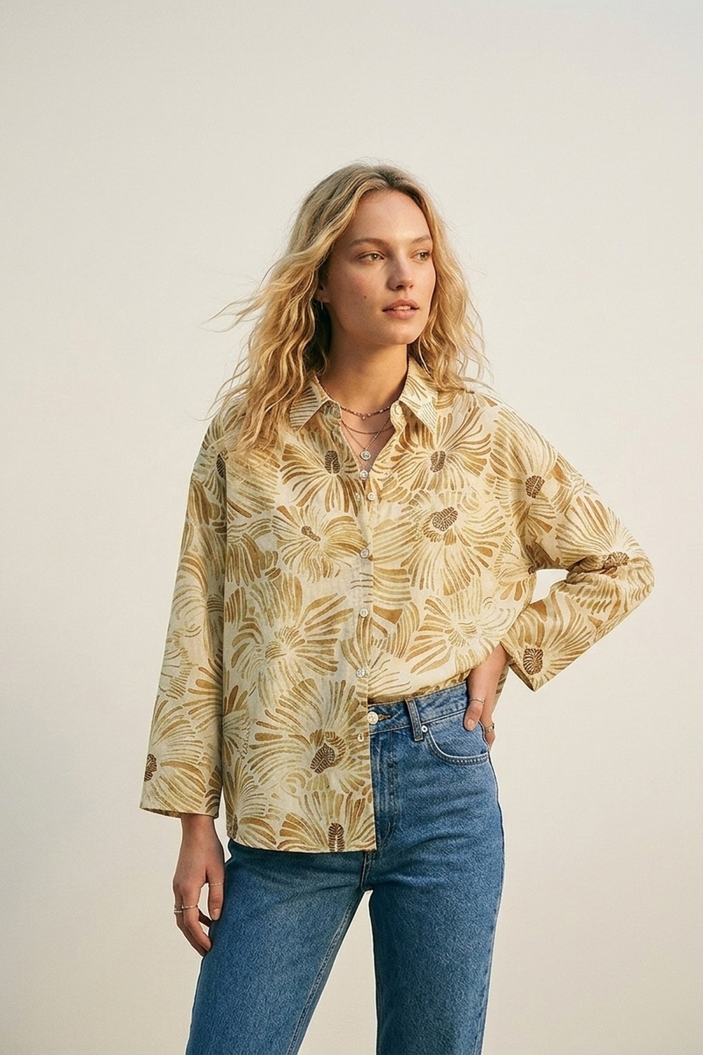 Camisa de Ajuste Relajado con Botones y Estampado Floral en Amarillo