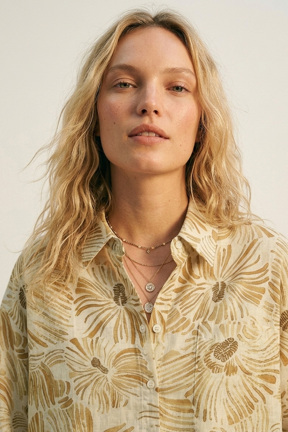 Camisa de Ajuste Relajado con Botones y Estampado Floral en Amarillo