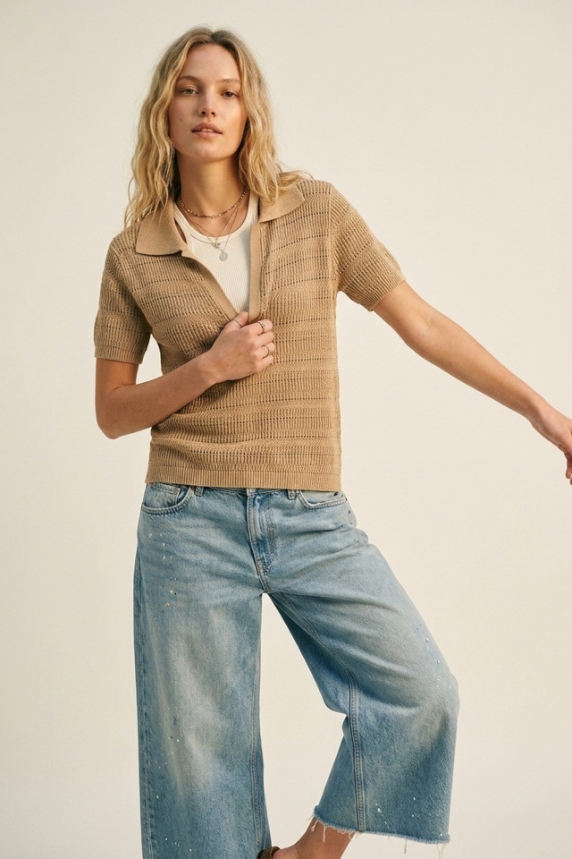Su&eacute;ter Polo de Punto con Manga Corta Beige para Mujer