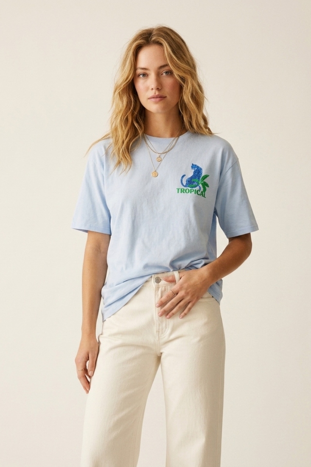 Blue t-shirt made in Italy with tropical graphic print