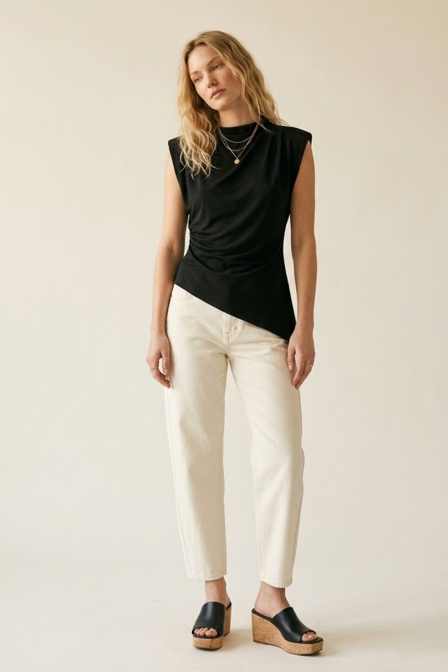 Black Lightweight Woven Asymmetric Hem Cowl Neck Sleeveless Top