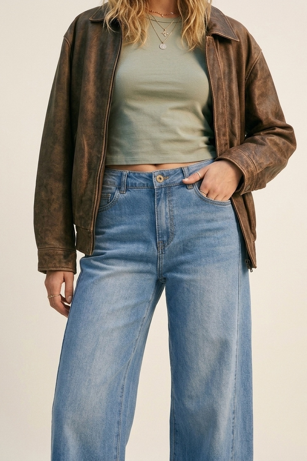 Jeans azul de pierna ancha y lavado claro con costuras laterales