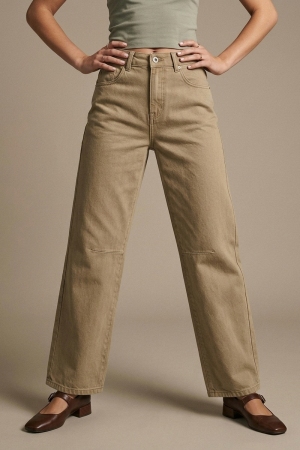 Pantalones vaqueros beige de mezclilla elástica suave de pierna ancha con costura en la rodilla