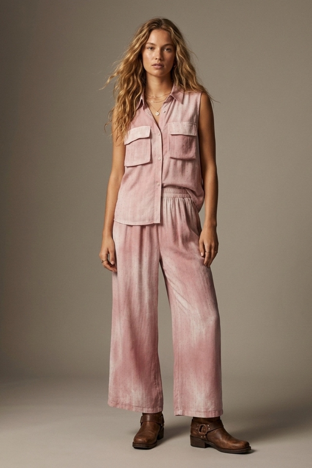 Blusa sin mangas de algod&oacute;n en color rosa ombre con botones y bolsillos