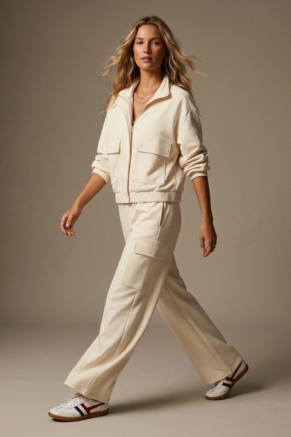 Pantalones anchos de pierna con bolsillos cargo y cintura el&aacute;stica en viscosa color crema