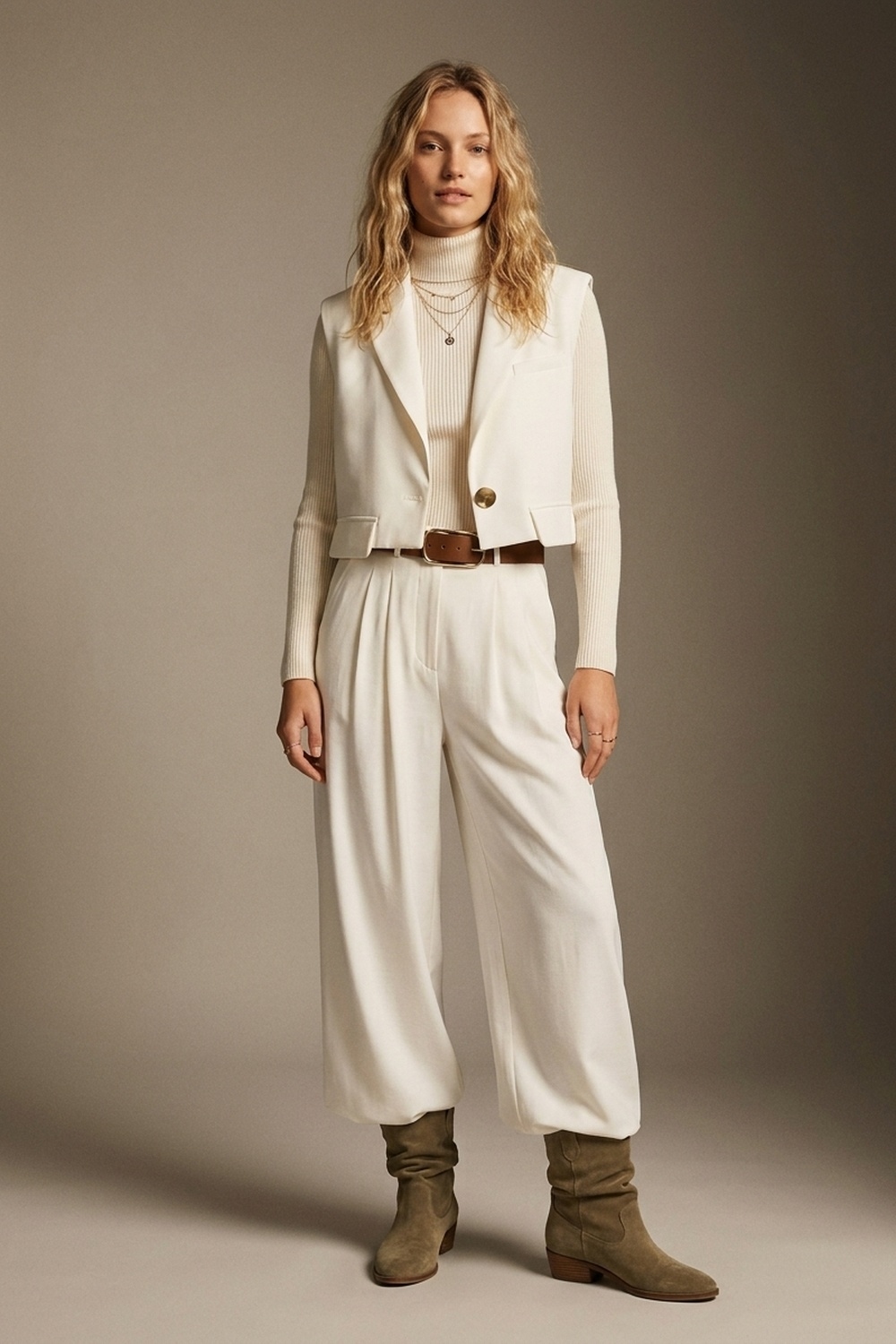 Pantalones Anchos de Pierna con Cintur&oacute;n y Pliegues de Tela Ligera Tejida en blanco