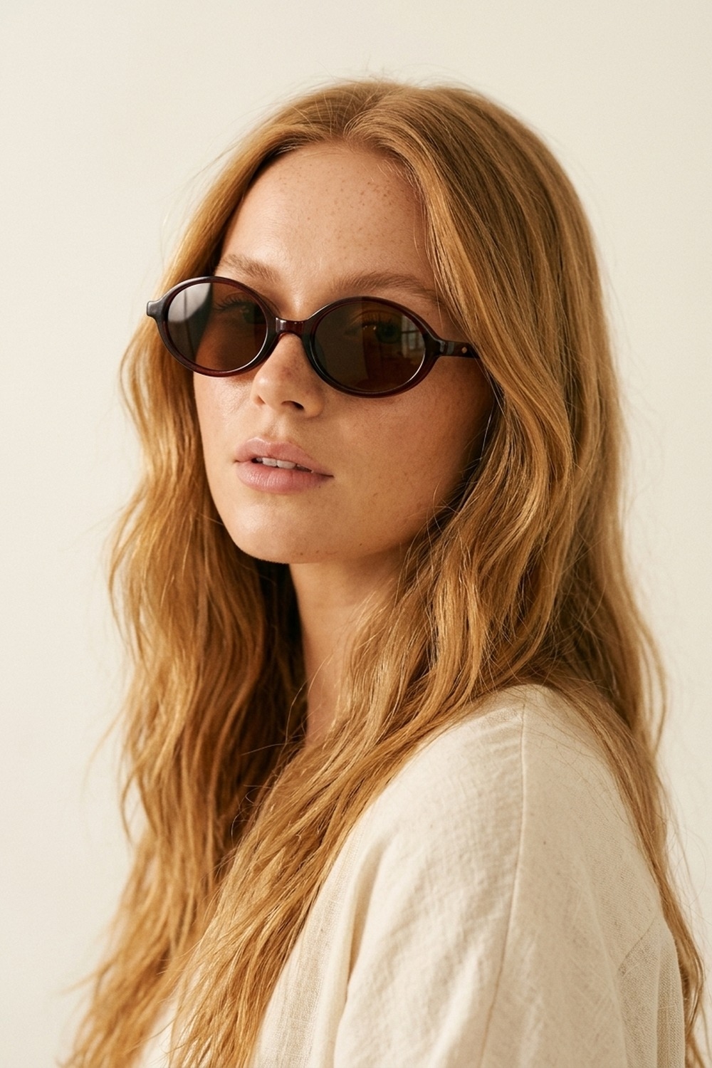 Gafas de sol con montura ovalada marr&oacute;n ligero y lentes retro