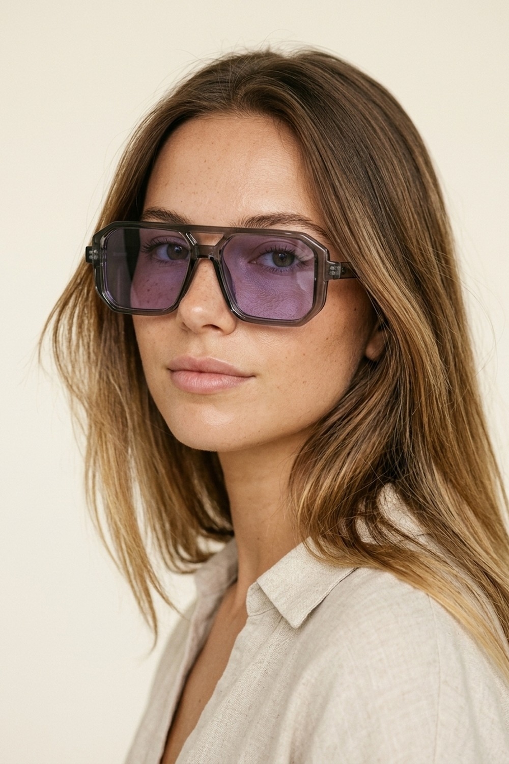 gafas con Montura Transparente Gris Lentes Tinte P&uacute;rpura Geom&eacute;tricos Sobredimensionados