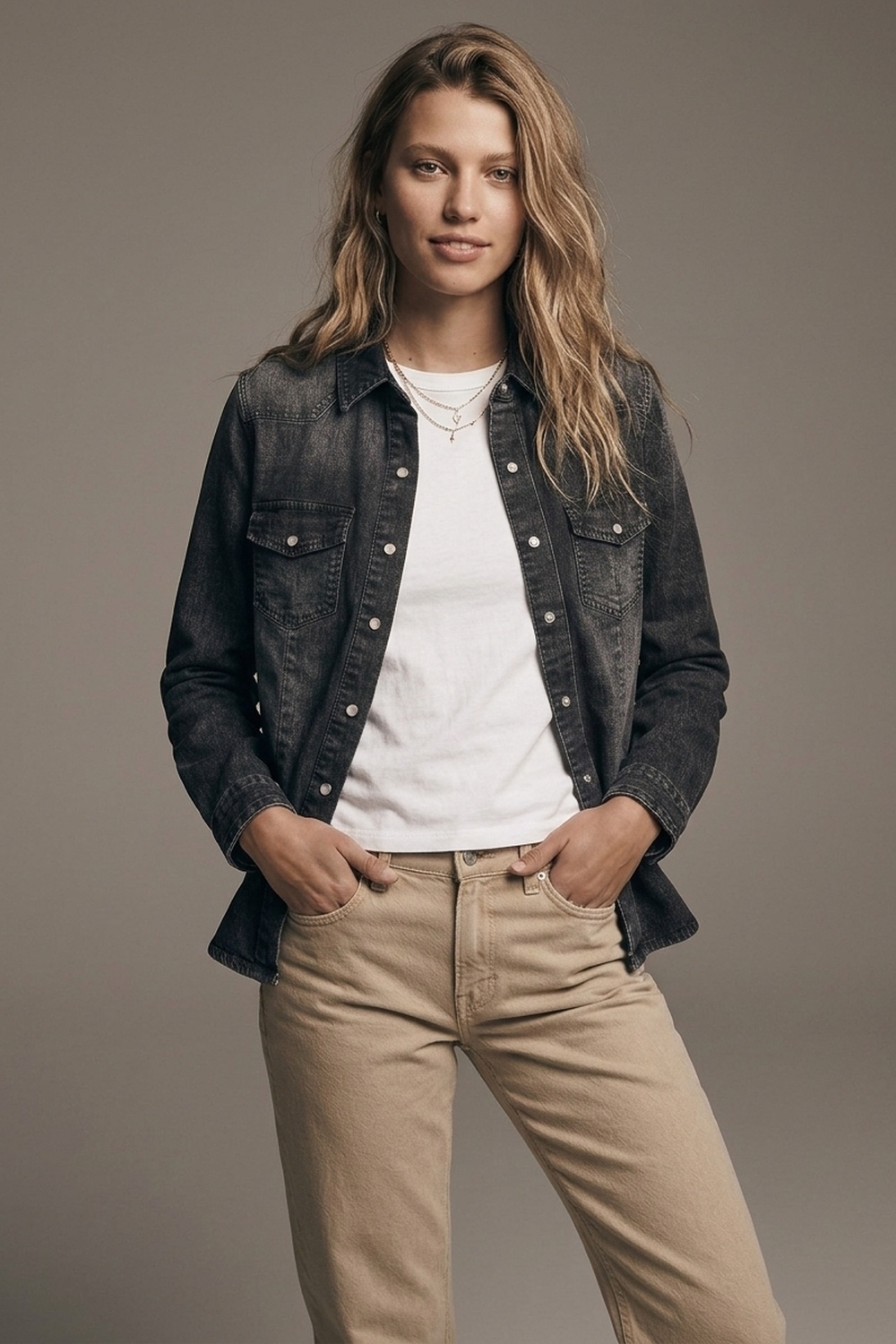 Chaqueta de Camisa de Mezclilla Negra Lavada con Botones
