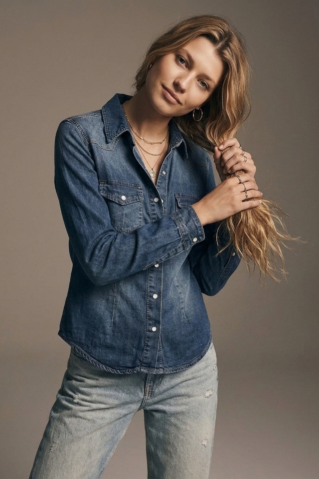 Camisa de Mezclilla Azul con Botones y Bolsillos en el Pecho