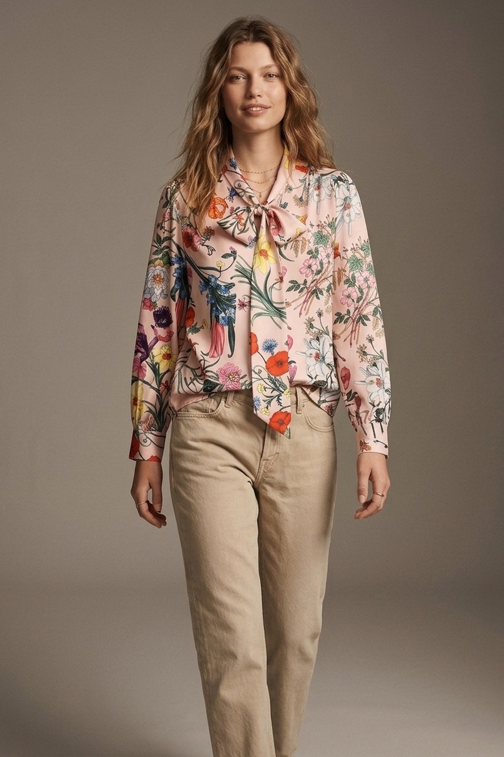 Blusa de sat&eacute;n con lazo en el cuello y estampado floral rosa claro de manga larga