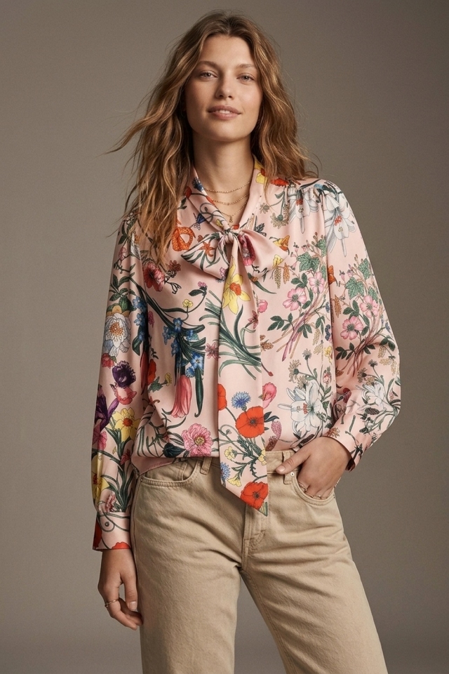 Light Pink Floral Print Satin Pussy Bow Long Sleeve Blouse