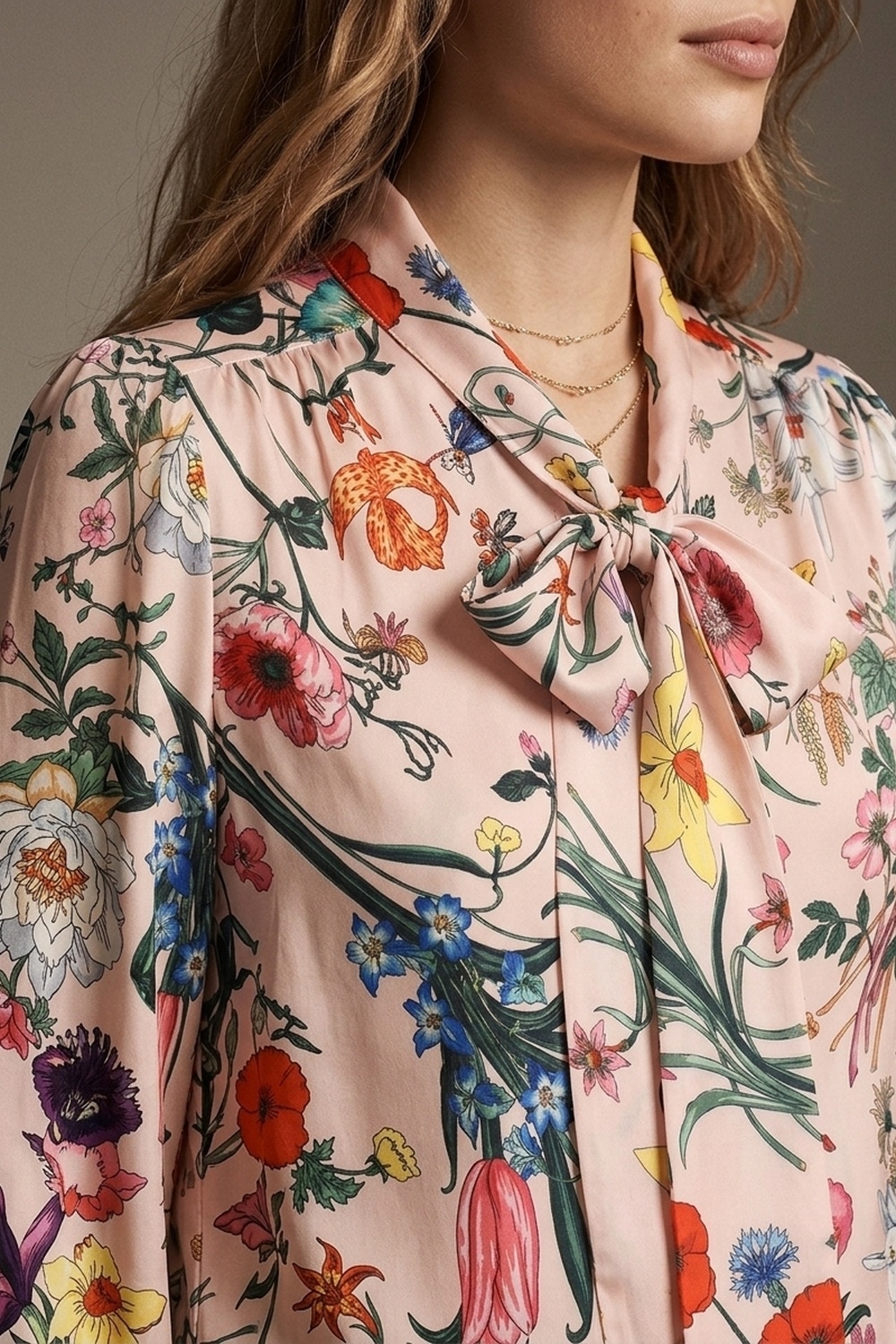 Blusa de sat&eacute;n con lazo en el cuello y estampado floral rosa claro de manga larga