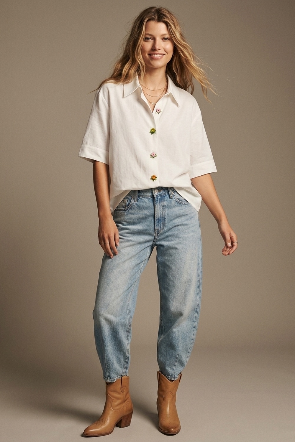 Camisa Blanca de Tencel con Botones de Flor de Joya Camisa Blanca de Tencel con Botones de Flor de Joya