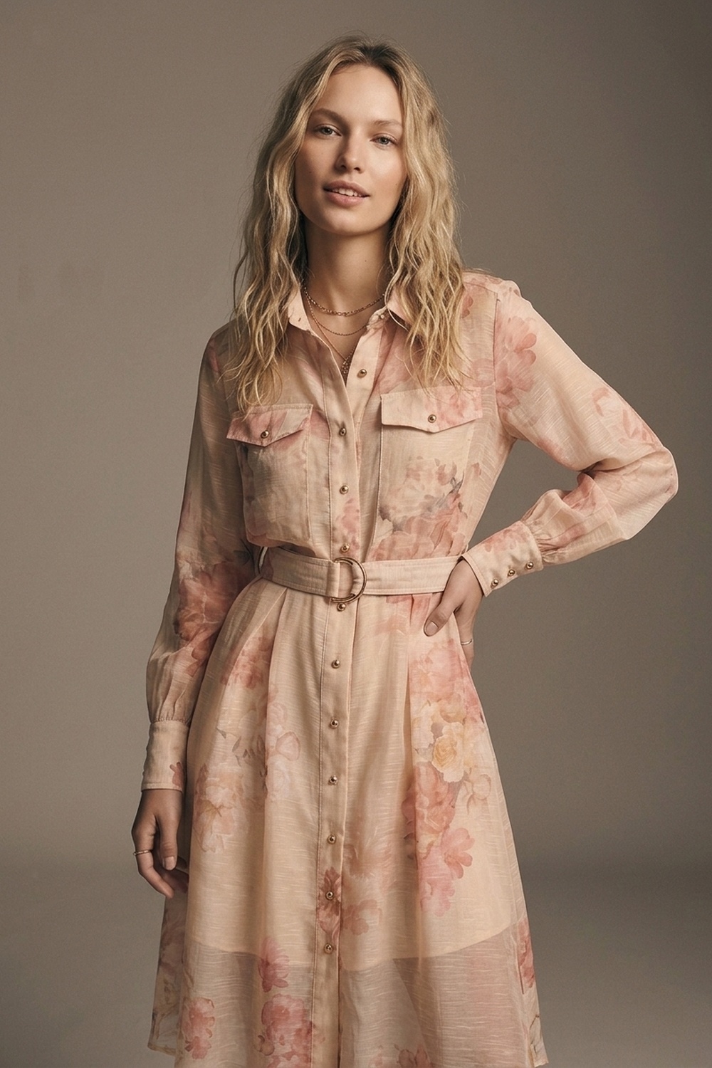 Vestido camisero midi de gasa con cintur&oacute;n y estampado floral beige con botones dorados