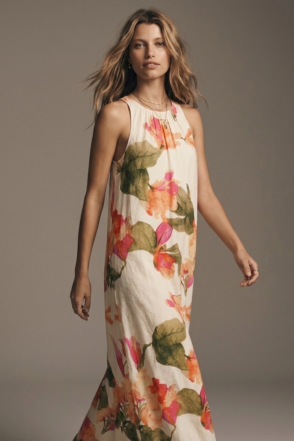 Vestido maxi sin mangas tejido ligero con estampado floral crema corte holgado Vestido maxi sin mangas tejido ligero con estampado floral crema corte holgado