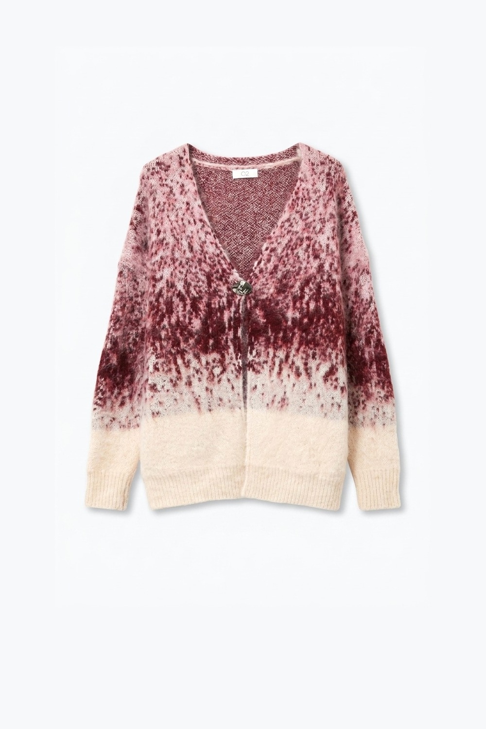 Cárdigan Suéter de Punto Peludo con Estampado Abstracto Rosa y Cuello en V con Botones Cárdigan Suéter de Punto Peludo con Estampado Abstracto Rosa y Cuello en V con Botones