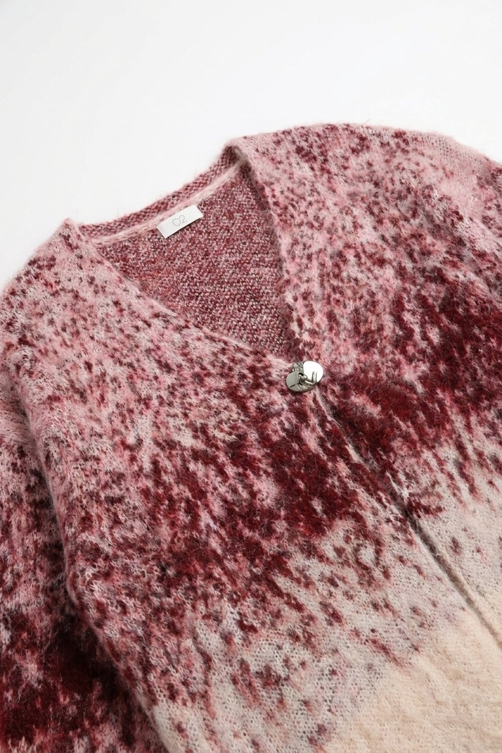 Cárdigan Suéter de Punto Peludo con Estampado Abstracto Rosa y Cuello en V con Botones Cárdigan Suéter de Punto Peludo con Estampado Abstracto Rosa y Cuello en V con Botones