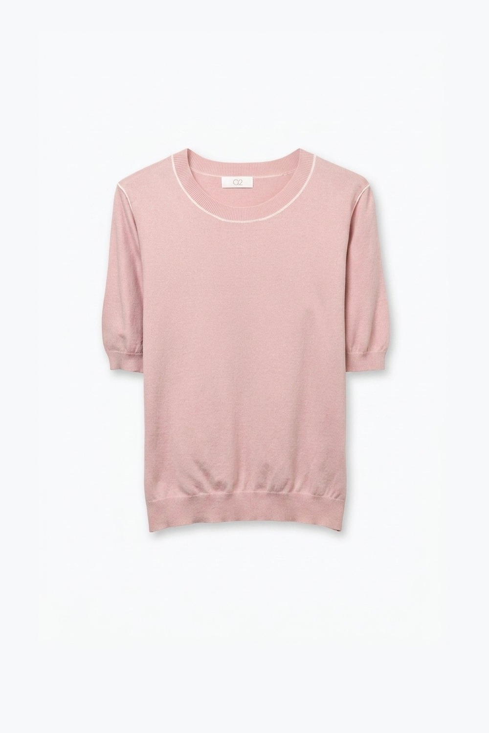 Suéter de Manga Corta de Punto Fino Rosa con Costuras en Contraste Suéter de Manga Corta de Punto Fino Rosa con Costuras en Contraste