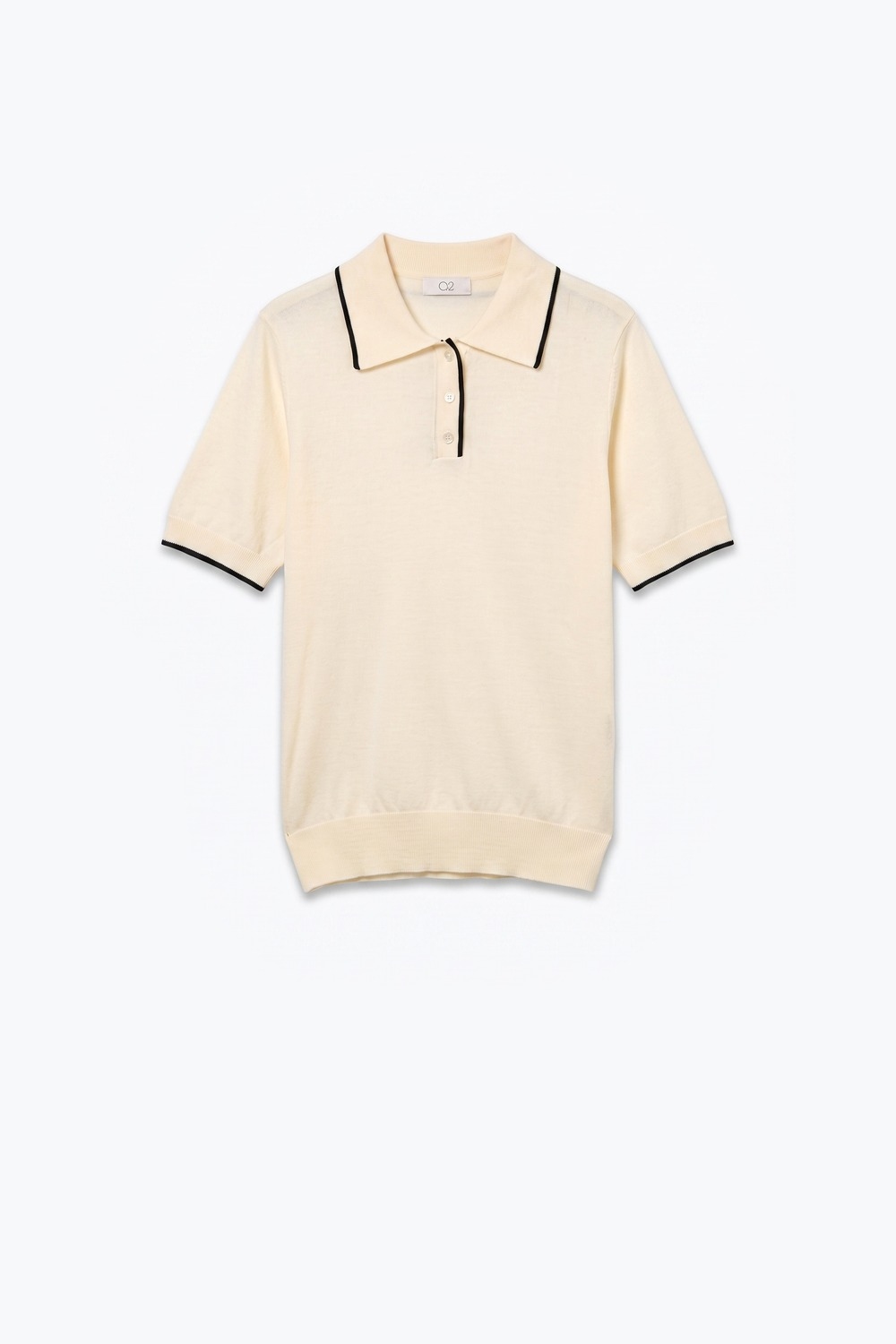 Suéter de punto fino crema con ribete en contraste y cuello de polo con botones Suéter de punto fino crema con ribete en contraste y cuello de polo con botones