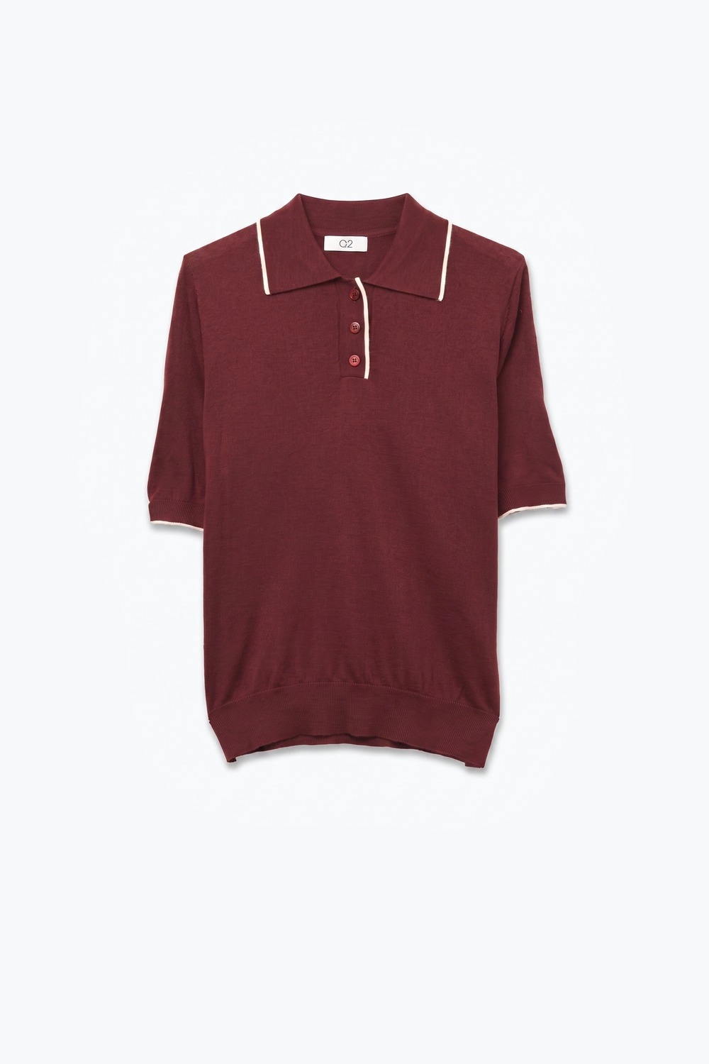 Polo de manga corta burdeos de punto fino con ribete en contraste