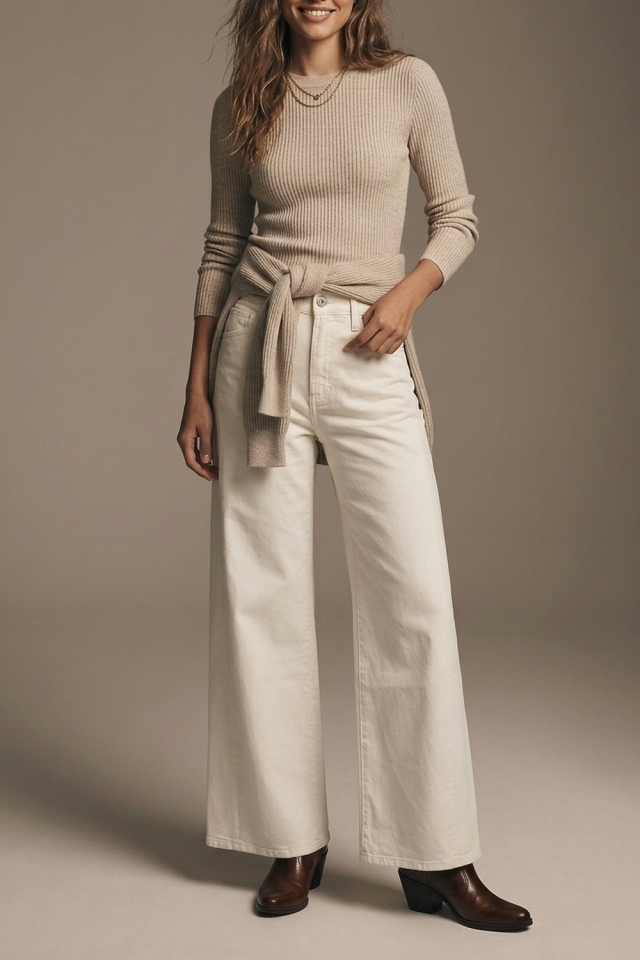 Extra wide leg trousers in cream color