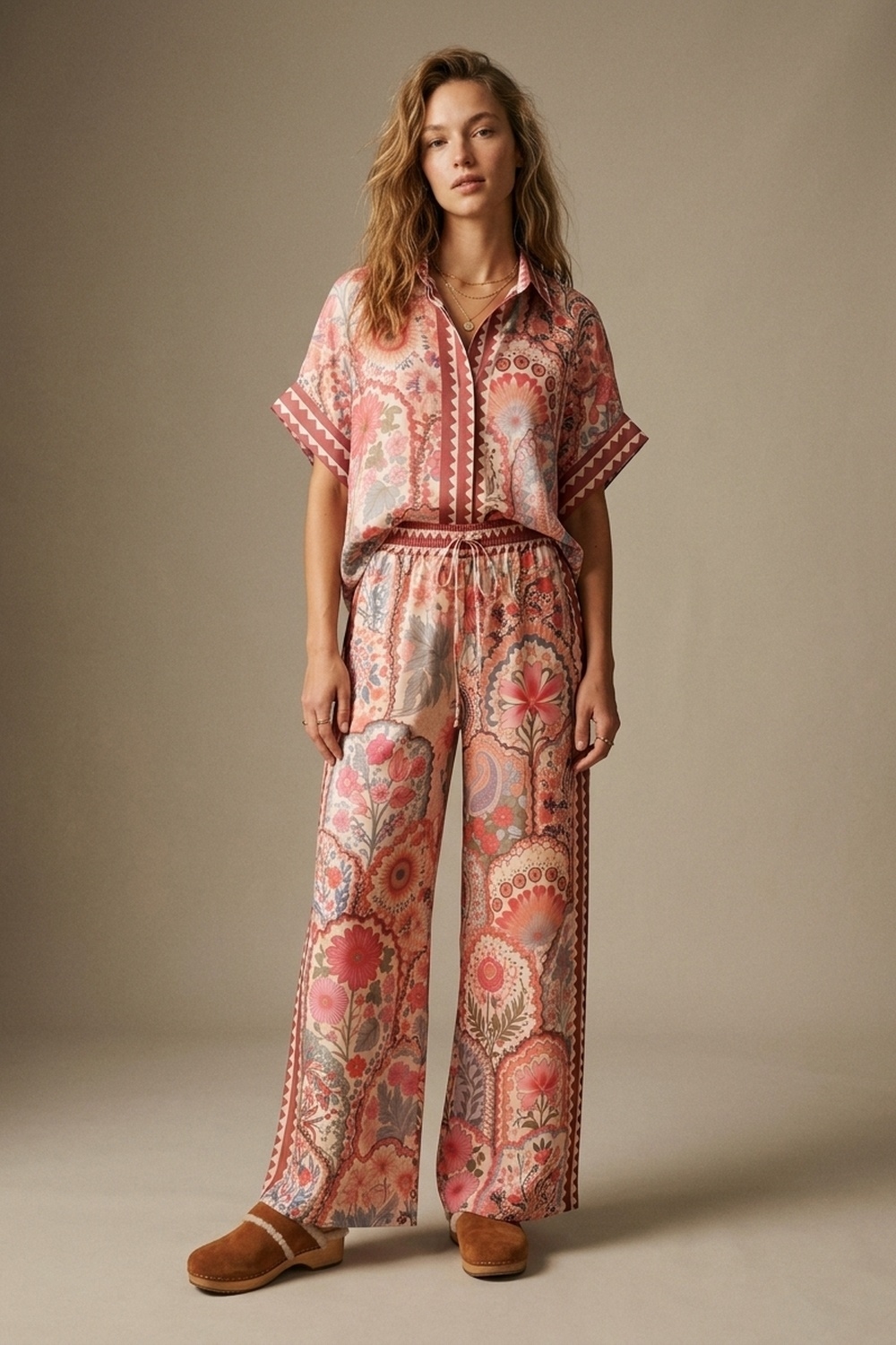 Pantalones de tela tejida ligera con estampado floral multicolor y cintura ancha