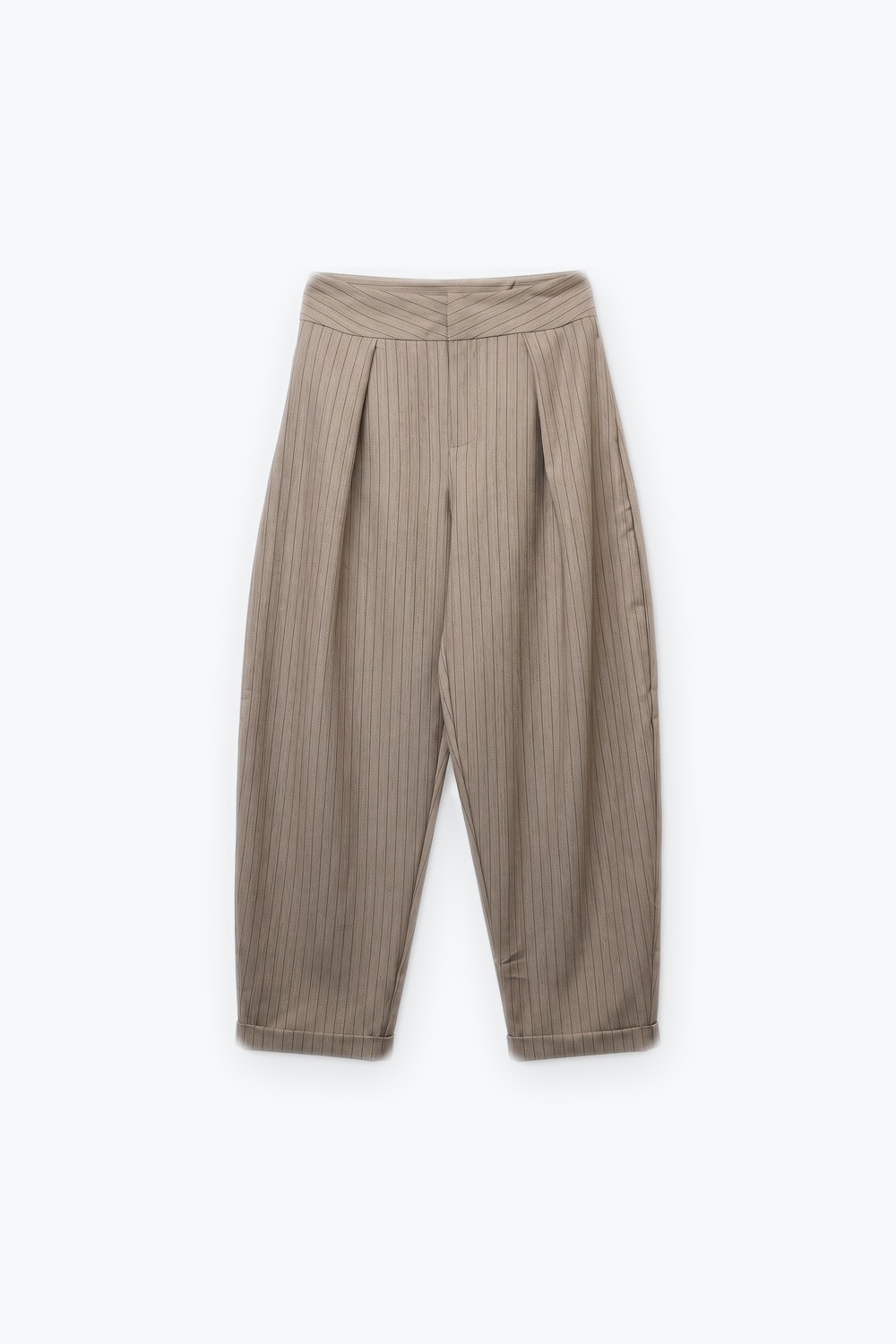 Pantalones Beige de Rayas Finas Ligeros y Tejidos con Pliegues de Cintura Alta Pantalones Beige de Rayas Finas Ligeros y Tejidos con Pliegues de Cintura Alta