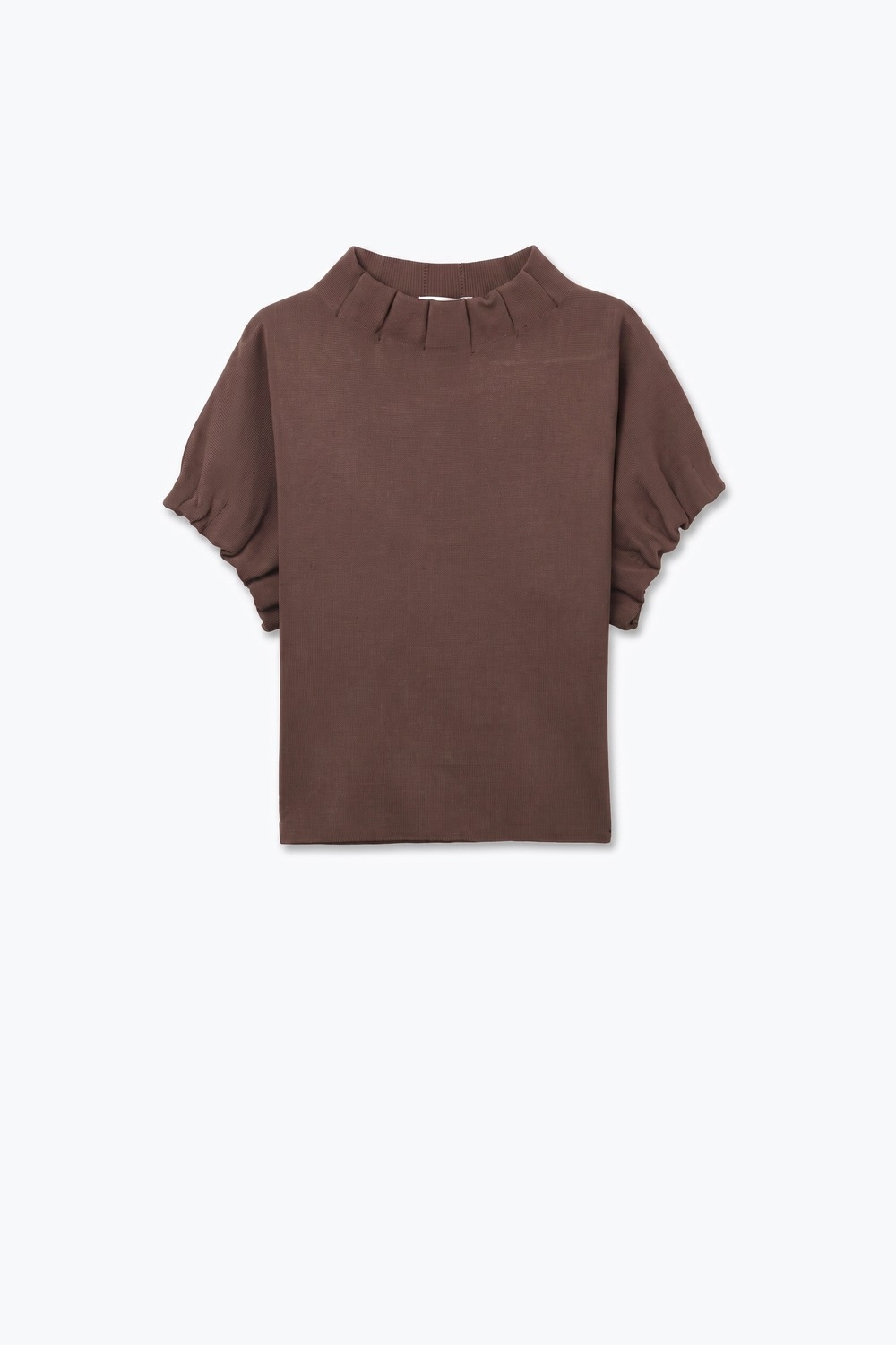Suéter Marrón de Punto Fino con Cuello Simulado y Mangas Cortas Plisadas Suéter Marrón de Punto Fino con Cuello Simulado y Mangas Cortas Plisadas