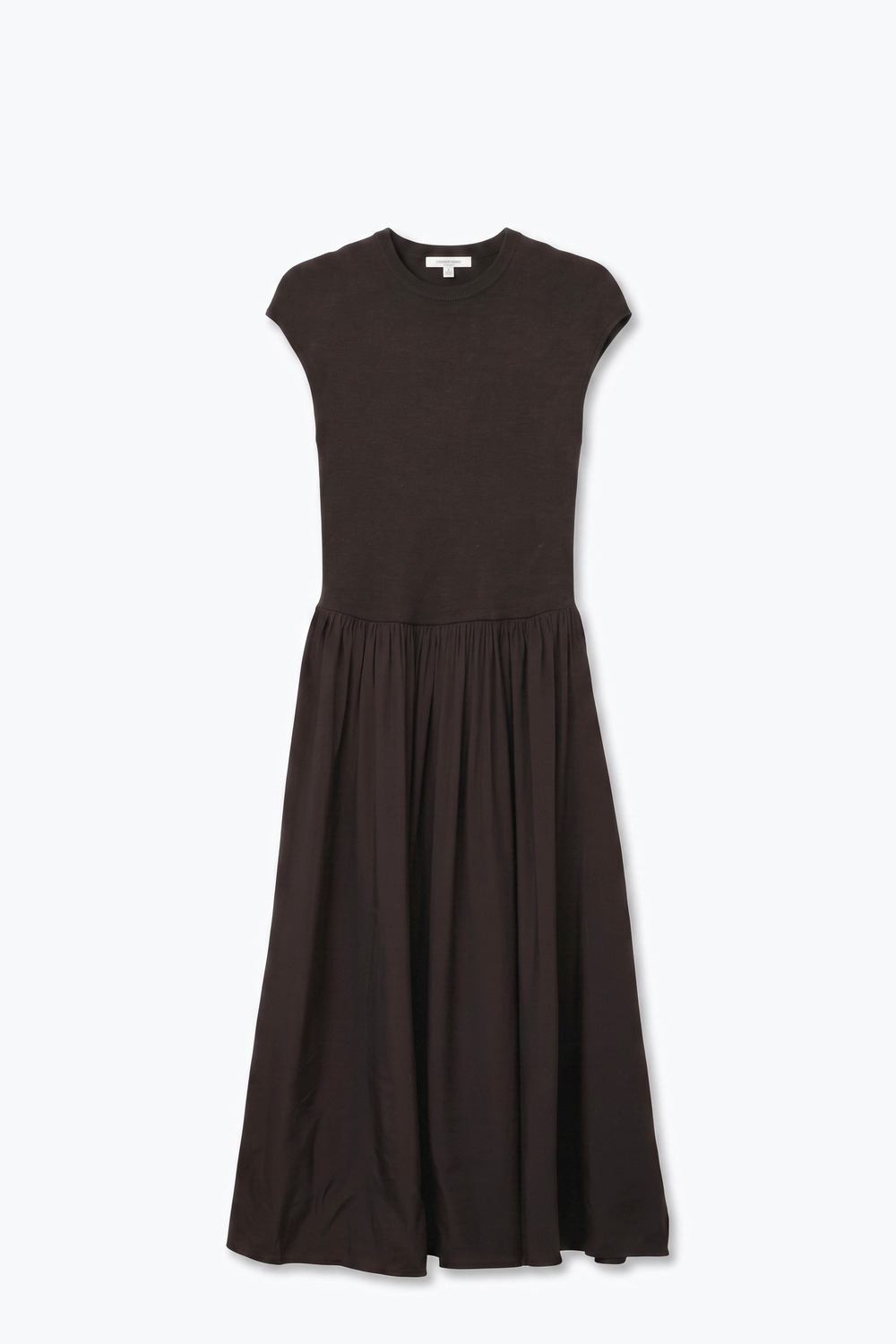 Vestido midi marrón de punto fino con mangas tipo capa y falda de satén fruncida Vestido midi marrón de punto fino con mangas tipo capa y falda de satén fruncida