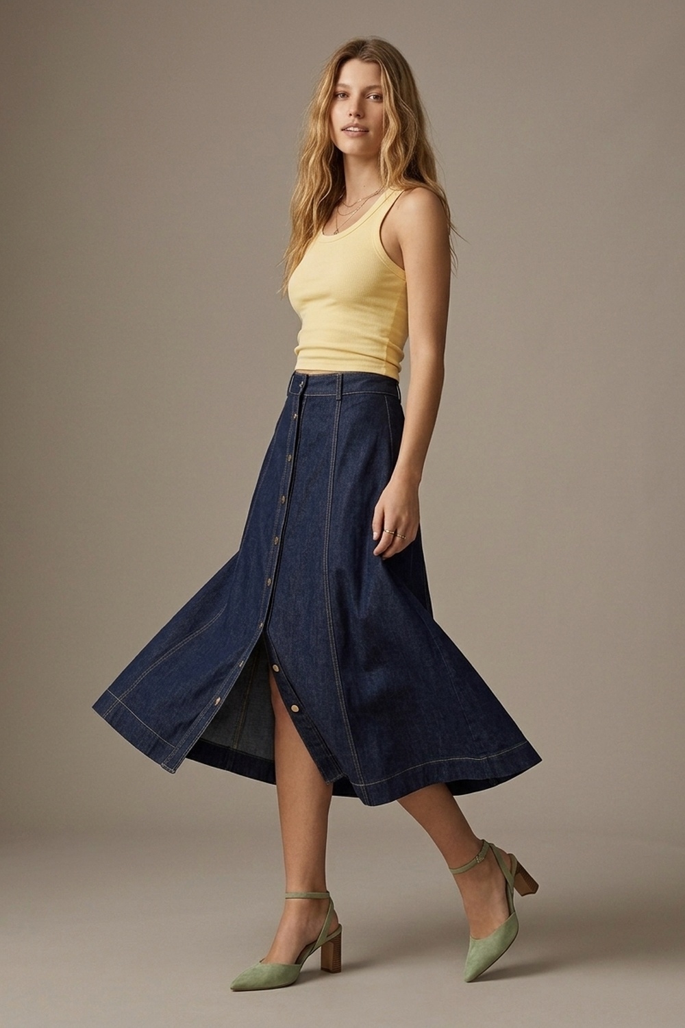 Falda midi de mezclilla azul oscuro con costura de contraste y botones al frente en línea A Falda midi de mezclilla azul oscuro con costura de contraste y botones al frente en línea A