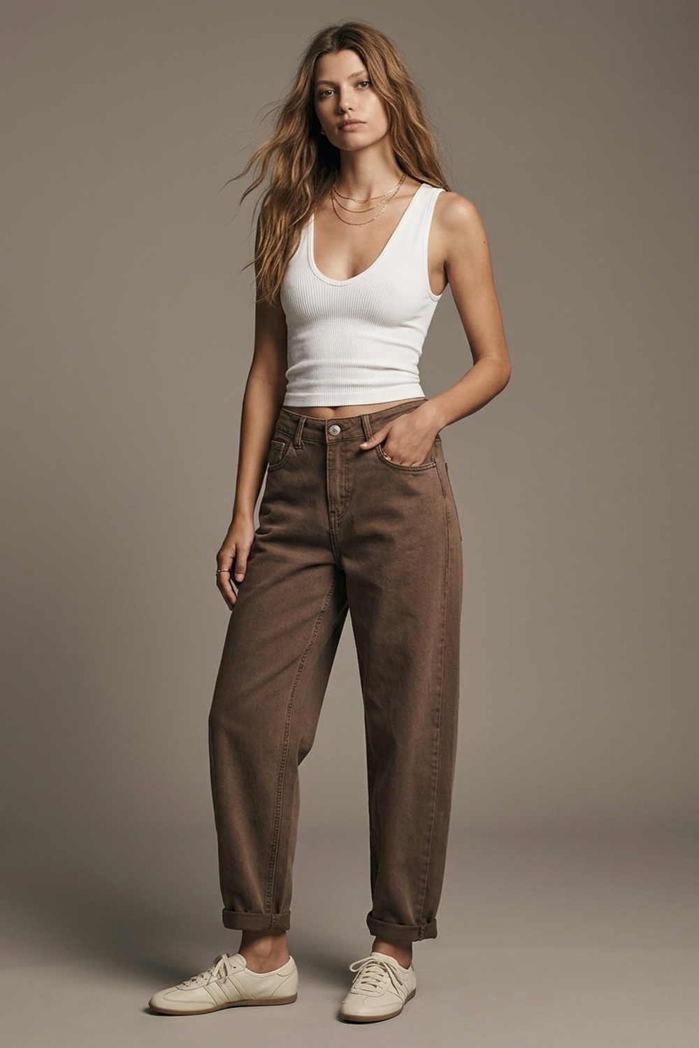 Pantalones de Pierna Barril de Tiro Alto en Cacao Desgastado
