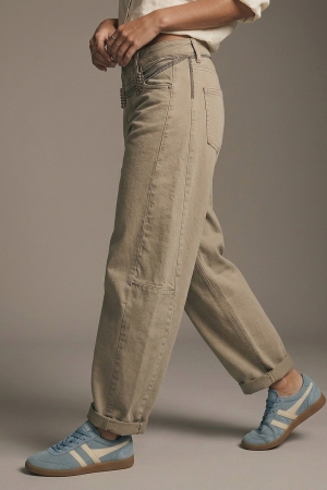 Vaqueros globo barrel beige de moda con bolsillos